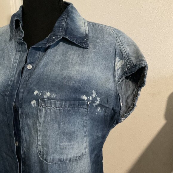Nsf Bleached Distressed Denim Jean Chambray Button Down Mid Dress Small Western - Picture 5 of 12